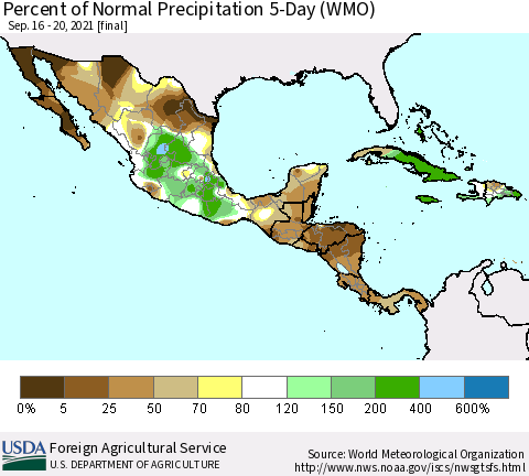 Mexico Central America and the Caribbean Percent of Normal Precipitation 5-Day (WMO) Thematic Map For 9/16/2021 - 9/20/2021