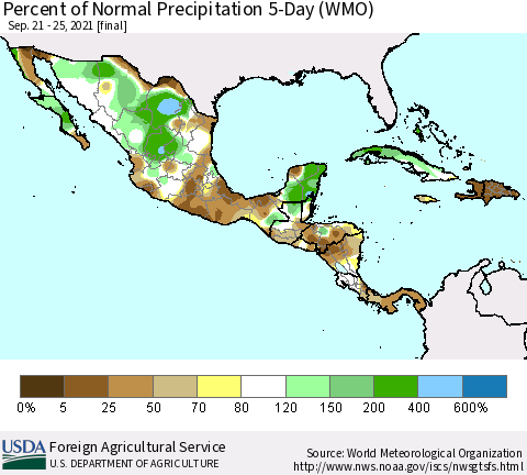 Mexico Central America and the Caribbean Percent of Normal Precipitation 5-Day (WMO) Thematic Map For 9/21/2021 - 9/25/2021