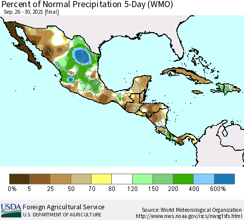 Mexico Central America and the Caribbean Percent of Normal Precipitation 5-Day (WMO) Thematic Map For 9/26/2021 - 9/30/2021