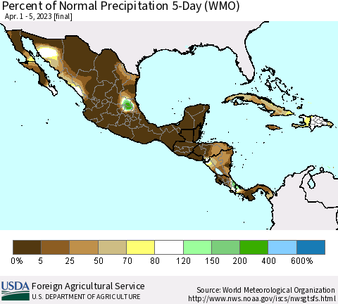 Mexico Central America and the Caribbean Percent of Normal Precipitation 5-Day (WMO) Thematic Map For 4/1/2023 - 4/5/2023