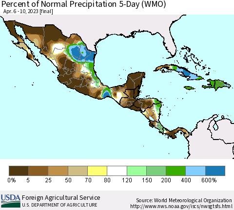Mexico Central America and the Caribbean Percent of Normal Precipitation 5-Day (WMO) Thematic Map For 4/6/2023 - 4/10/2023