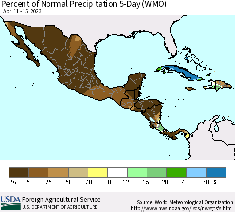 Mexico Central America and the Caribbean Percent of Normal Precipitation 5-Day (WMO) Thematic Map For 4/11/2023 - 4/15/2023