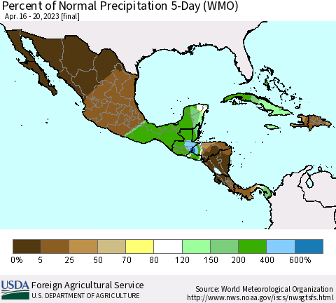Mexico Central America and the Caribbean Percent of Normal Precipitation 5-Day (WMO) Thematic Map For 4/16/2023 - 4/20/2023