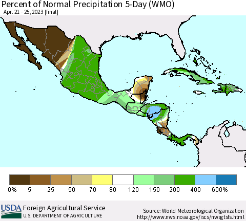 Mexico Central America and the Caribbean Percent of Normal Precipitation 5-Day (WMO) Thematic Map For 4/21/2023 - 4/25/2023