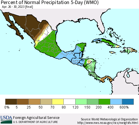 Mexico Central America and the Caribbean Percent of Normal Precipitation 5-Day (WMO) Thematic Map For 4/26/2023 - 4/30/2023