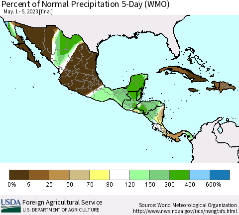 Mexico Central America and the Caribbean Percent of Normal Precipitation 5-Day (WMO) Thematic Map For 5/1/2023 - 5/5/2023