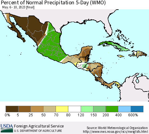 Mexico Central America and the Caribbean Percent of Normal Precipitation 5-Day (WMO) Thematic Map For 5/6/2023 - 5/10/2023