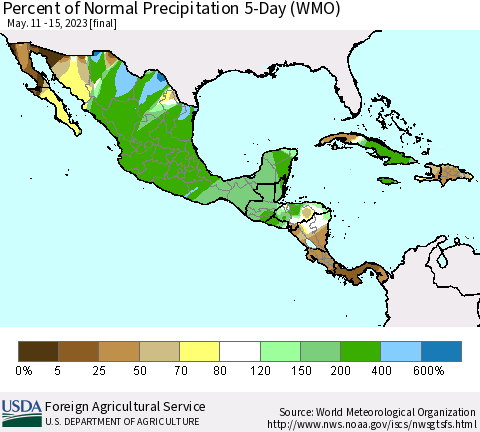 Mexico Central America and the Caribbean Percent of Normal Precipitation 5-Day (WMO) Thematic Map For 5/11/2023 - 5/15/2023