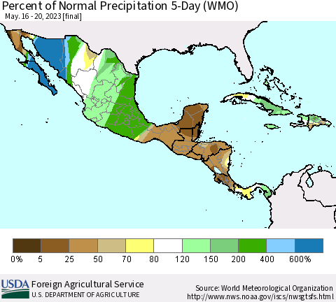 Mexico Central America and the Caribbean Percent of Normal Precipitation 5-Day (WMO) Thematic Map For 5/16/2023 - 5/20/2023