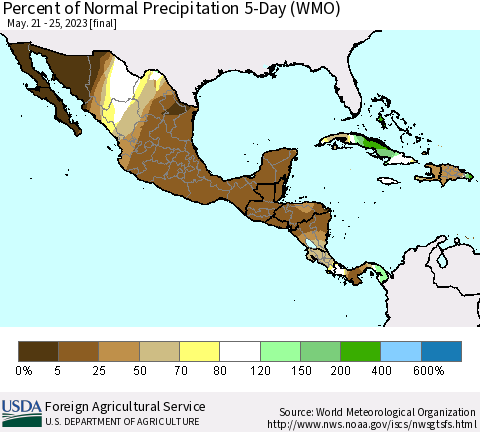 Mexico Central America and the Caribbean Percent of Normal Precipitation 5-Day (WMO) Thematic Map For 5/21/2023 - 5/25/2023