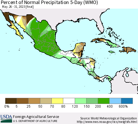 Mexico Central America and the Caribbean Percent of Normal Precipitation 5-Day (WMO) Thematic Map For 5/26/2023 - 5/31/2023