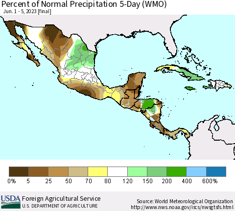 Mexico Central America and the Caribbean Percent of Normal Precipitation 5-Day (WMO) Thematic Map For 6/1/2023 - 6/5/2023