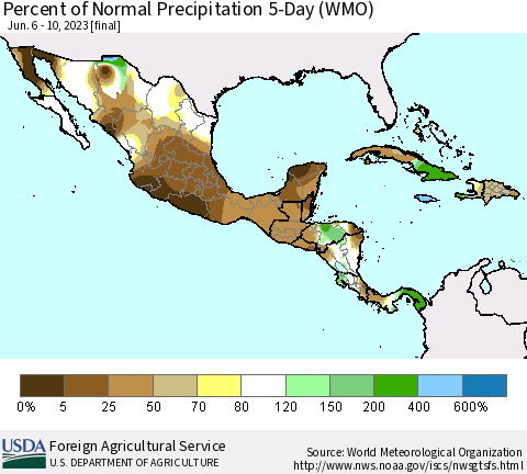 Mexico Central America and the Caribbean Percent of Normal Precipitation 5-Day (WMO) Thematic Map For 6/6/2023 - 6/10/2023