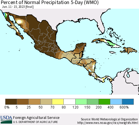 Mexico Central America and the Caribbean Percent of Normal Precipitation 5-Day (WMO) Thematic Map For 6/11/2023 - 6/15/2023