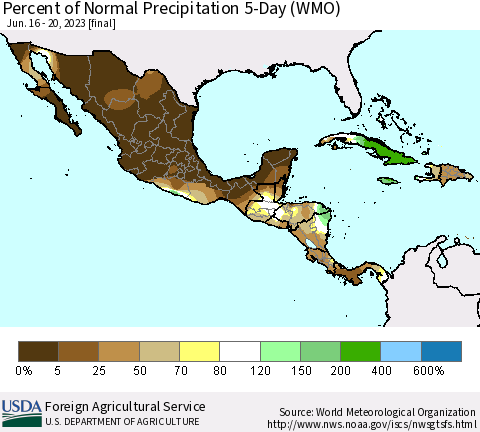 Mexico Central America and the Caribbean Percent of Normal Precipitation 5-Day (WMO) Thematic Map For 6/16/2023 - 6/20/2023