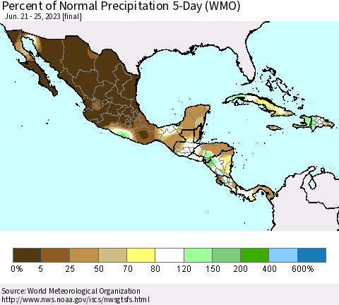 Mexico Central America and the Caribbean Percent of Normal Precipitation 5-Day (WMO) Thematic Map For 6/21/2023 - 6/25/2023