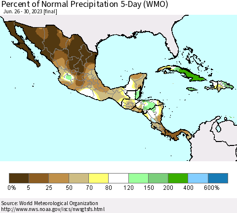Mexico Central America and the Caribbean Percent of Normal Precipitation 5-Day (WMO) Thematic Map For 6/26/2023 - 6/30/2023