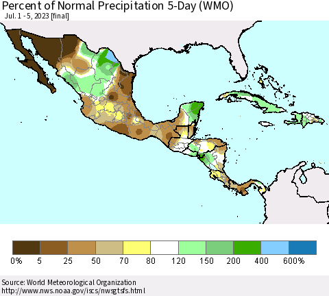 Mexico Central America and the Caribbean Percent of Normal Precipitation 5-Day (WMO) Thematic Map For 7/1/2023 - 7/5/2023