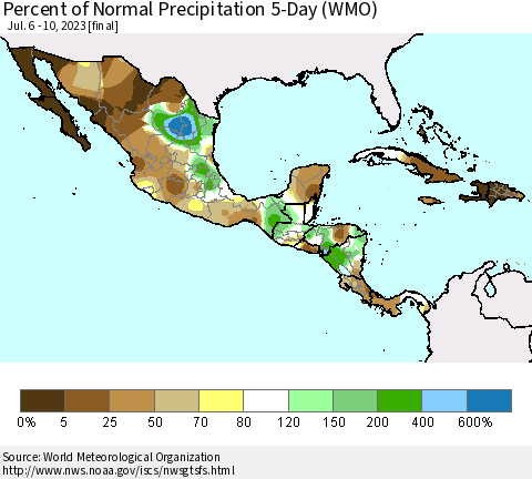 Mexico Central America and the Caribbean Percent of Normal Precipitation 5-Day (WMO) Thematic Map For 7/6/2023 - 7/10/2023
