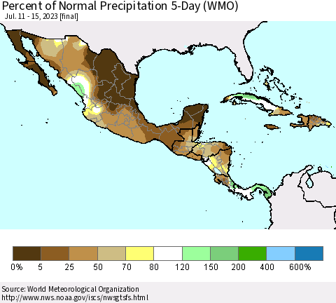 Mexico Central America and the Caribbean Percent of Normal Precipitation 5-Day (WMO) Thematic Map For 7/11/2023 - 7/15/2023
