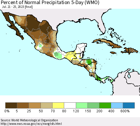 Mexico Central America and the Caribbean Percent of Normal Precipitation 5-Day (WMO) Thematic Map For 7/21/2023 - 7/25/2023