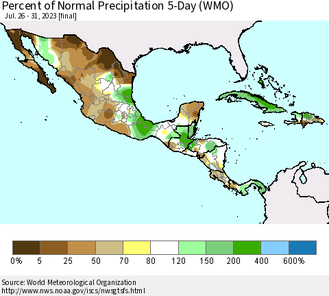 Mexico Central America and the Caribbean Percent of Normal Precipitation 5-Day (WMO) Thematic Map For 7/26/2023 - 7/31/2023
