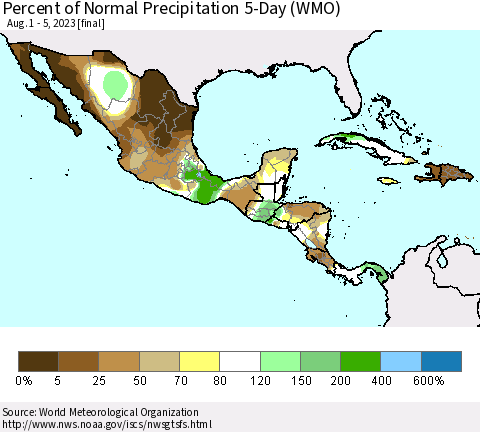 Mexico Central America and the Caribbean Percent of Normal Precipitation 5-Day (WMO) Thematic Map For 8/1/2023 - 8/5/2023