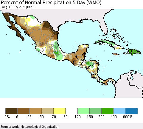 Mexico Central America and the Caribbean Percent of Normal Precipitation 5-Day (WMO) Thematic Map For 8/11/2023 - 8/15/2023