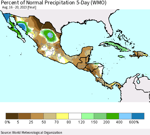 Mexico Central America and the Caribbean Percent of Normal Precipitation 5-Day (WMO) Thematic Map For 8/16/2023 - 8/20/2023