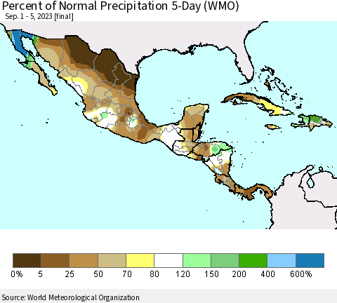 Mexico Central America and the Caribbean Percent of Normal Precipitation 5-Day (WMO) Thematic Map For 9/1/2023 - 9/5/2023