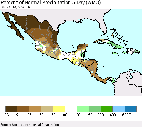 Mexico Central America and the Caribbean Percent of Normal Precipitation 5-Day (WMO) Thematic Map For 9/6/2023 - 9/10/2023