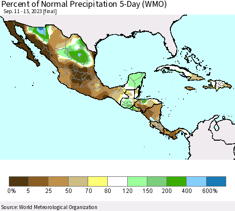 Mexico Central America and the Caribbean Percent of Normal Precipitation 5-Day (WMO) Thematic Map For 9/11/2023 - 9/15/2023