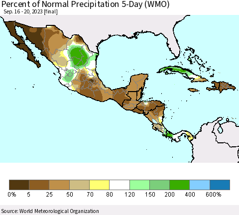 Mexico Central America and the Caribbean Percent of Normal Precipitation 5-Day (WMO) Thematic Map For 9/16/2023 - 9/20/2023