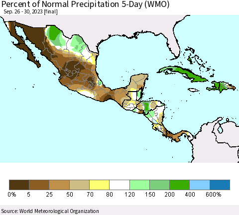 Mexico Central America and the Caribbean Percent of Normal Precipitation 5-Day (WMO) Thematic Map For 9/26/2023 - 9/30/2023