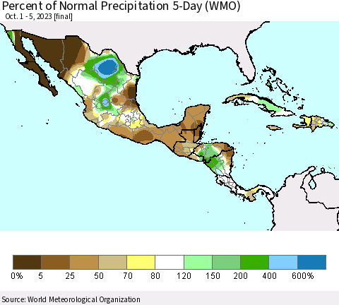 Mexico Central America and the Caribbean Percent of Normal Precipitation 5-Day (WMO) Thematic Map For 10/1/2023 - 10/5/2023