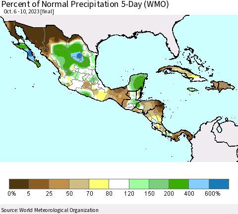 Mexico Central America and the Caribbean Percent of Normal Precipitation 5-Day (WMO) Thematic Map For 10/6/2023 - 10/10/2023
