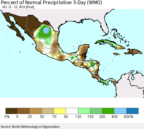 Mexico Central America and the Caribbean Percent of Normal Precipitation 5-Day (WMO) Thematic Map For 10/11/2023 - 10/15/2023