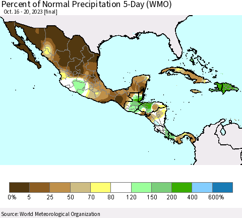 Mexico Central America and the Caribbean Percent of Normal Precipitation 5-Day (WMO) Thematic Map For 10/16/2023 - 10/20/2023