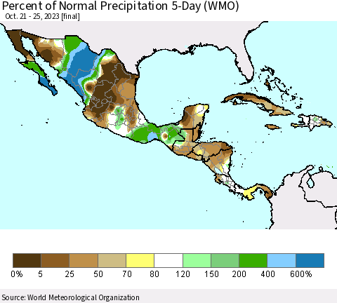 Mexico Central America and the Caribbean Percent of Normal Precipitation 5-Day (WMO) Thematic Map For 10/21/2023 - 10/25/2023