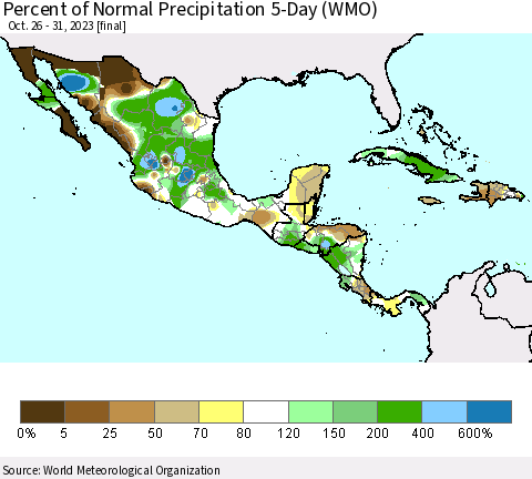 Mexico Central America and the Caribbean Percent of Normal Precipitation 5-Day (WMO) Thematic Map For 10/26/2023 - 10/31/2023