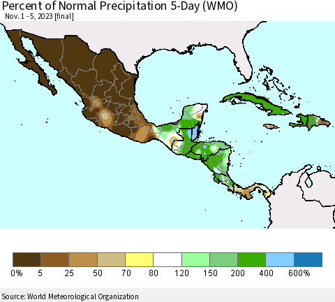 Mexico Central America and the Caribbean Percent of Normal Precipitation 5-Day (WMO) Thematic Map For 11/1/2023 - 11/5/2023