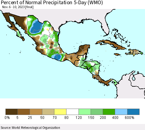 Mexico Central America and the Caribbean Percent of Normal Precipitation 5-Day (WMO) Thematic Map For 11/6/2023 - 11/10/2023