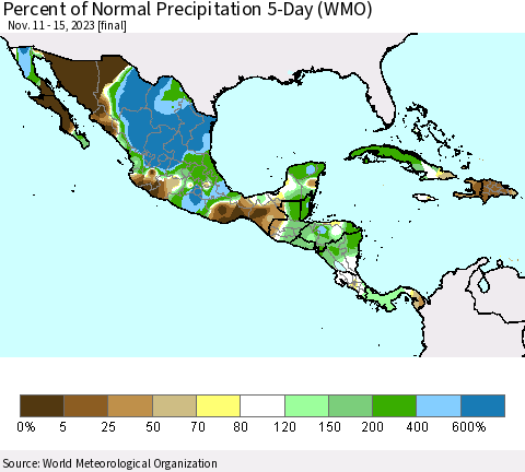 Mexico Central America and the Caribbean Percent of Normal Precipitation 5-Day (WMO) Thematic Map For 11/11/2023 - 11/15/2023