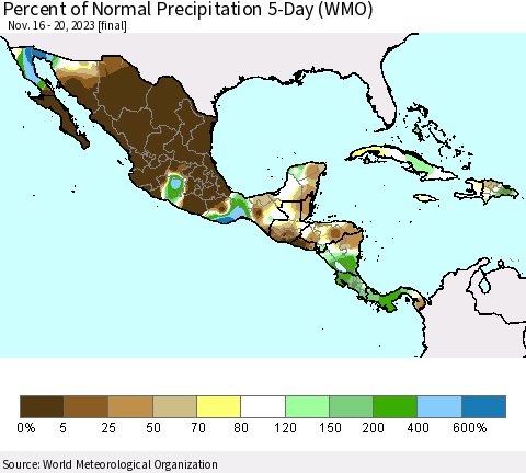 Mexico Central America and the Caribbean Percent of Normal Precipitation 5-Day (WMO) Thematic Map For 11/16/2023 - 11/20/2023