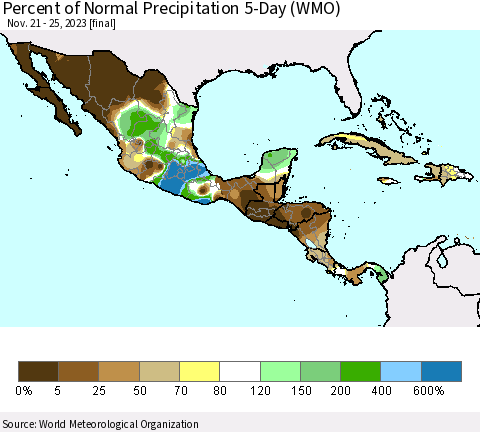 Mexico Central America and the Caribbean Percent of Normal Precipitation 5-Day (WMO) Thematic Map For 11/21/2023 - 11/25/2023