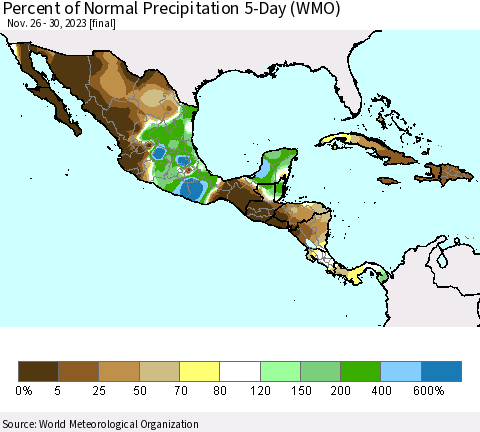 Mexico Central America and the Caribbean Percent of Normal Precipitation 5-Day (WMO) Thematic Map For 11/26/2023 - 11/30/2023
