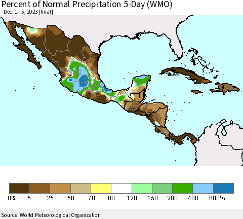 Mexico Central America and the Caribbean Percent of Normal Precipitation 5-Day (WMO) Thematic Map For 12/1/2023 - 12/5/2023