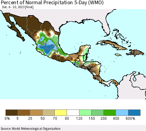Mexico Central America and the Caribbean Percent of Normal Precipitation 5-Day (WMO) Thematic Map For 12/6/2023 - 12/10/2023