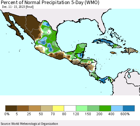 Mexico Central America and the Caribbean Percent of Normal Precipitation 5-Day (WMO) Thematic Map For 12/11/2023 - 12/15/2023