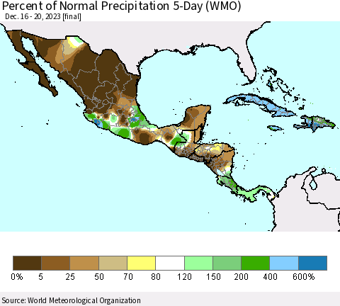 Mexico Central America and the Caribbean Percent of Normal Precipitation 5-Day (WMO) Thematic Map For 12/16/2023 - 12/20/2023